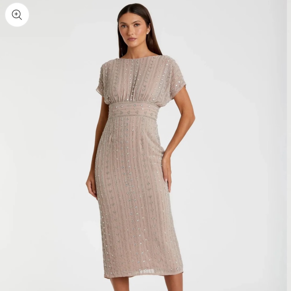 NWT Mac Duggar Beaded Cap Sleeve Empire Waist Cocktail Gown Midi Dress Mocha 12